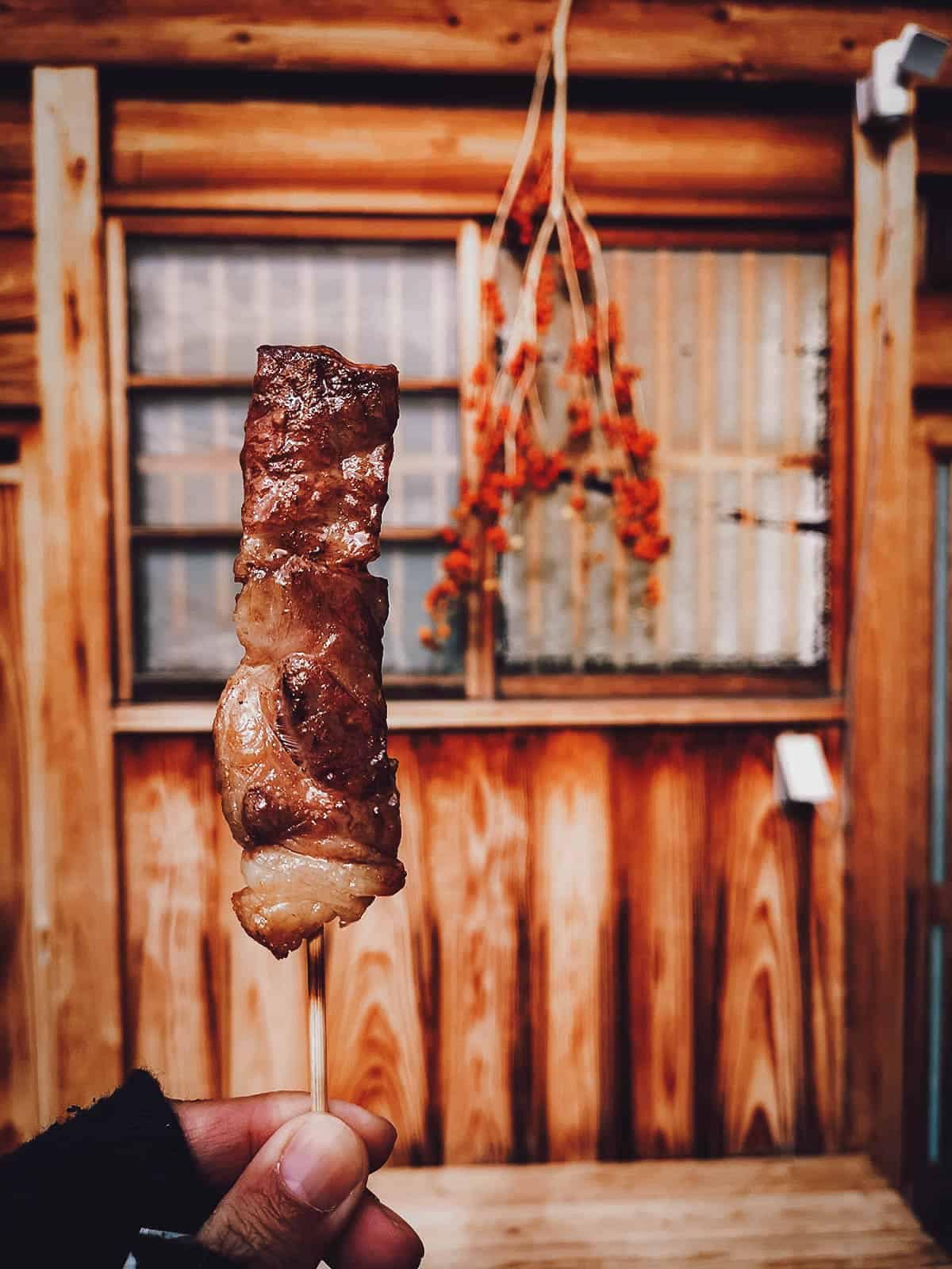 Ogimachi Travel Guide Skewer of grilled Hida Beef