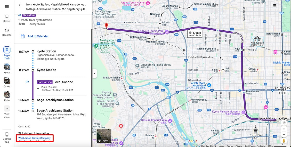 JR West Kansai Wide Area Pass Google Maps screenshot