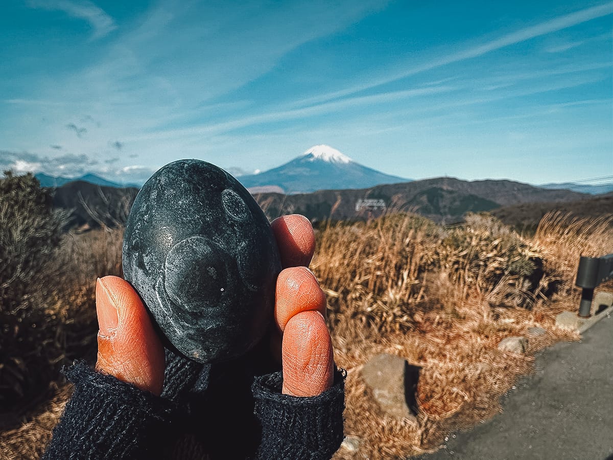 Hakone Travel Guide Black egg with Mt Fuji in the distance