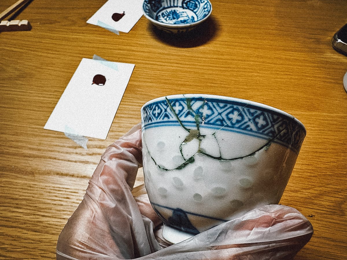 Kintsugi in Kyoto Broken cup after being filled in and cleaned up