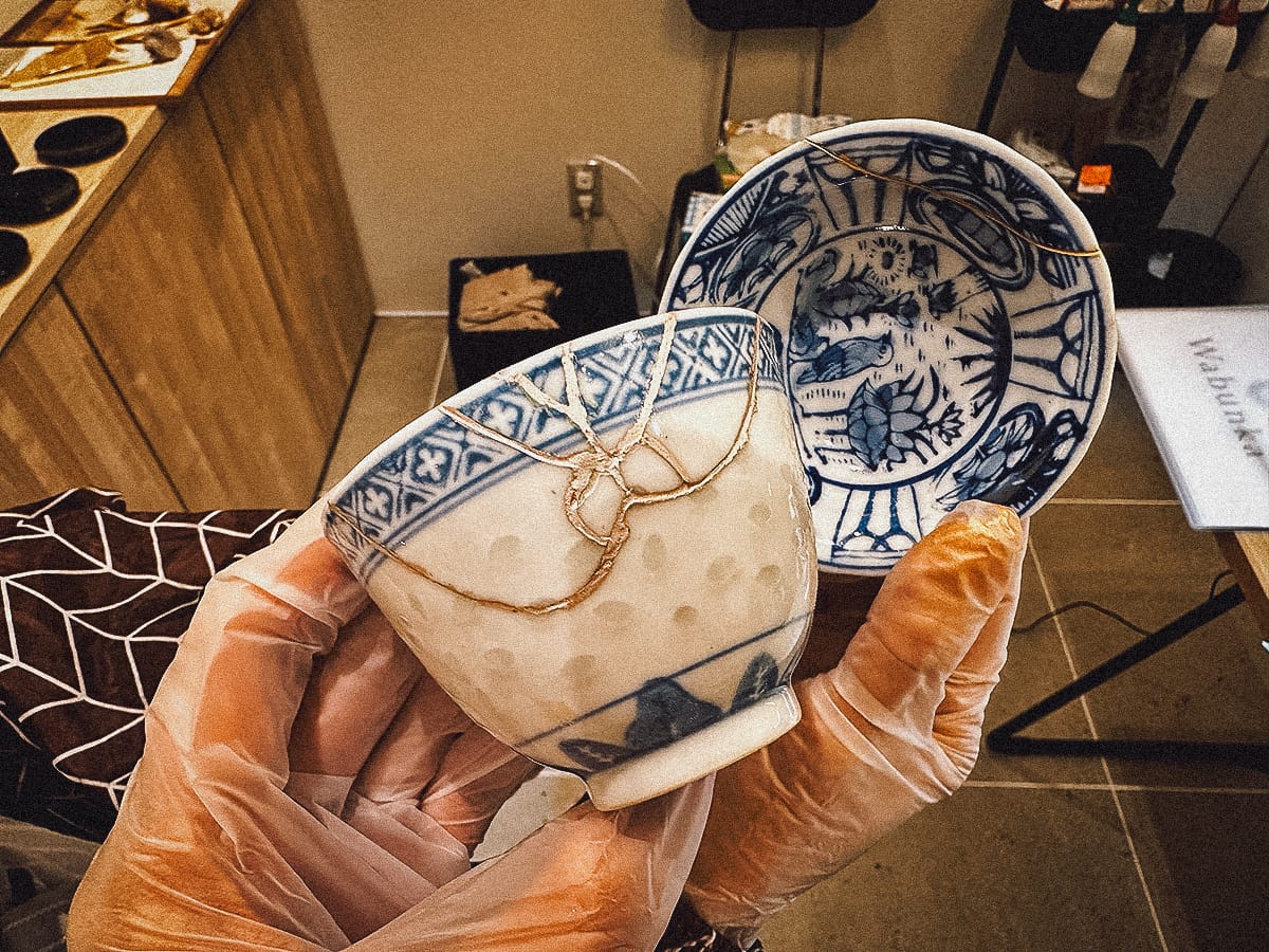 Kintsugi in Kyoto Finished pieces of pottery after being fixed with kintsugi techniques