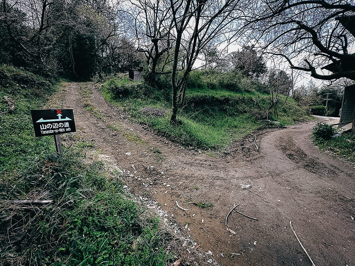 Yamanobe-no-michi Trail Trail marker at a fork in the road